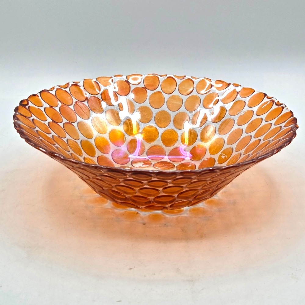Vintage Orange Marigold Iridescent Coin Dot Bubble Bowl 8" RETRO